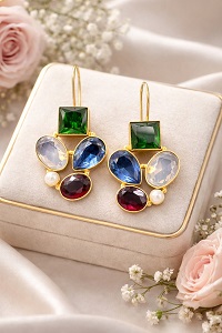 Premium Multicolour Monalisa Stone Earrings – Brass Crafted Statement Earrings for Western, Traditional & Indo-Western Outfits