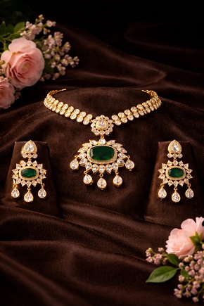 Elegant Emerald Kundan Short Necklace Set with Matching Earrings