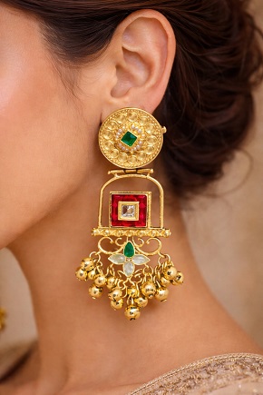 Royal Heritage Gold Chandbali Earrings with Green & Ruby Stone Detailing