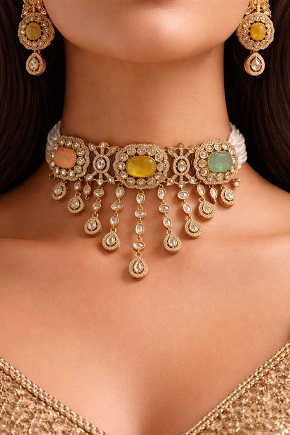 Sabyasachi-Inspired Emerald Pearl Moissanite Choker Set with Stunning Studs