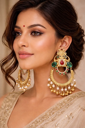 ✨ Royal Gold Temple Chandbali Earrings with Multicolor Stones & Pearl-Ghungroo Drops