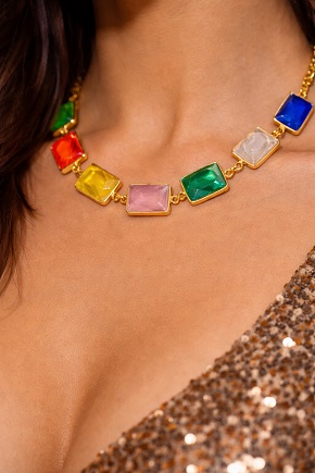 Premium Multicolor Gemstone Necklace in Gold-Plated Brass | Elegant Statement Jewellery