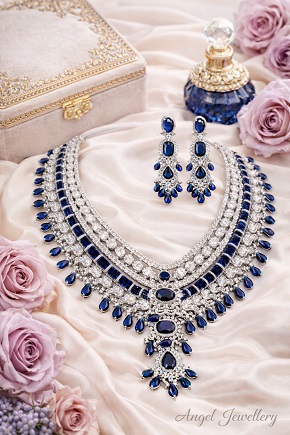 Premium AD Royal Blue Emerald Bridal Necklace Set with Elegant Earrings