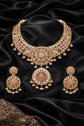 Luxury Pink Polki Kundan Designer Necklace Set with Matching Earrings